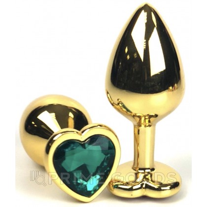 Золотая пробка с зелёным кристаллом в форме сердца от sex shop primegoods фото 2