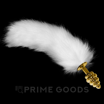 Золотистая анальная пробка с белым хвостиком от sex shop primegoods