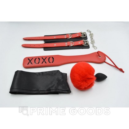 Фетиш набор из 4 предметов (наручники, анальная пробка с хвостиком, паддл, повязка) от sex shop primegoods