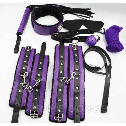 Фетиш набор черно-фиолетовый 8 предметов (зажимы , наручники, оковы на ноги, ошейник, канат, кляп, плеть, от sex shop primegoods