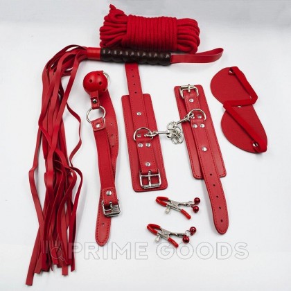 Фетиш набор красный 6 предметов ( маска, канат, плеть,  кляп, зажимы, научники) от sex shop primegoods