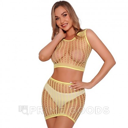 Комплект эротический: топ и юбка из ажурной сетки Amor El, желтый, S/L от sex shop primegoods