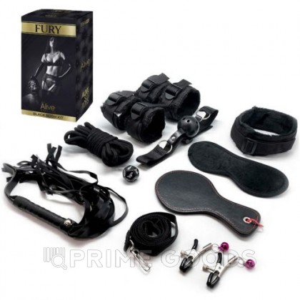 Фетиш набор FURY BDSM черный Alive (наручники, ошейник и поводок, оковы для ног, кляп, флоггер, маска, канат, от sex shop primegoods фото 3