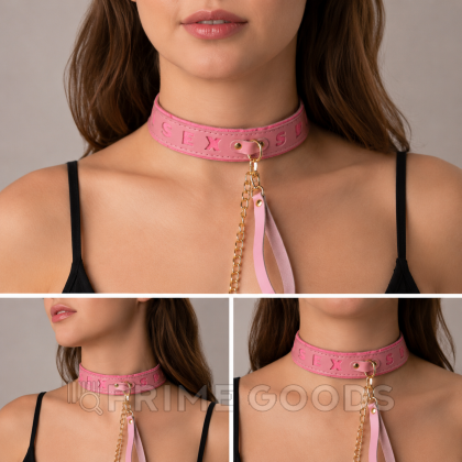 Ошейник розовый с поводком с надписью SEX, фетр, золото от sex shop primegoods фото 2