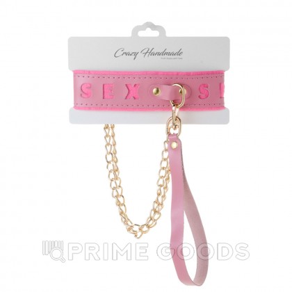 Ошейник розовый с поводком с надписью SEX, фетр, золото от sex shop primegoods