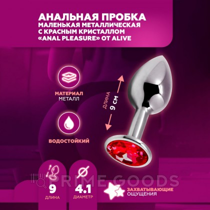 Анальная пробка маленькая Alive Anal Pleasure, металл с красным кристаллом L: 9х4,1 см  от sex shop primegoods фото 4