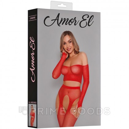 Комплект эротический Amor El топ и чулки с поясом в сетку со стразами, красный, S/L от sex shop primegoods фото 5