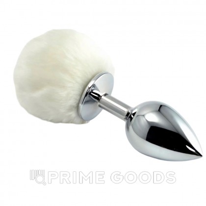 Серебряный анальный плаг с белым хвостиком от sex shop primegoods