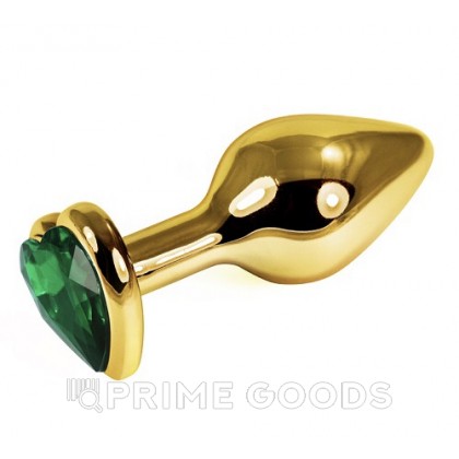 Золотая пробка с зелёным кристаллом в форме сердца от sex shop primegoods